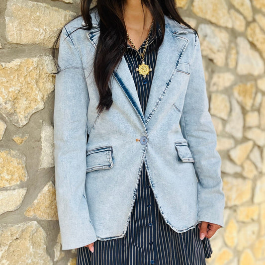 denim blazer, western blazer, boho blazer, structured denim jacket, women’s denim blazer, button front blazer, collared denim blazer, long sleeve blazer, casual work outfit, western chic style, country concert outfit, date night outfit, Lainey Wilson style, Dolly Parton inspired, Miranda Lambert vibes, trendy denim blazer, boutique blazer, fall layering piece, country chic outfit
