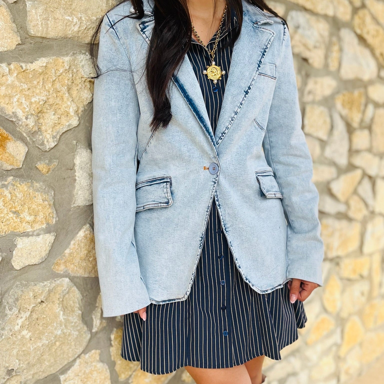 striped dress, navy striped dress, long sleeve dress, collared dress, button down dress, babydoll dress, mini dress, contrast detail dress, classic striped dress, chic mini dress, casual day dress, preppy style dress, timeless wardrobe staple, boutique dress, fall transition dress, everyday outfit, navy mini dress, cotton blend dress, trendy striped outfit, versatile dress