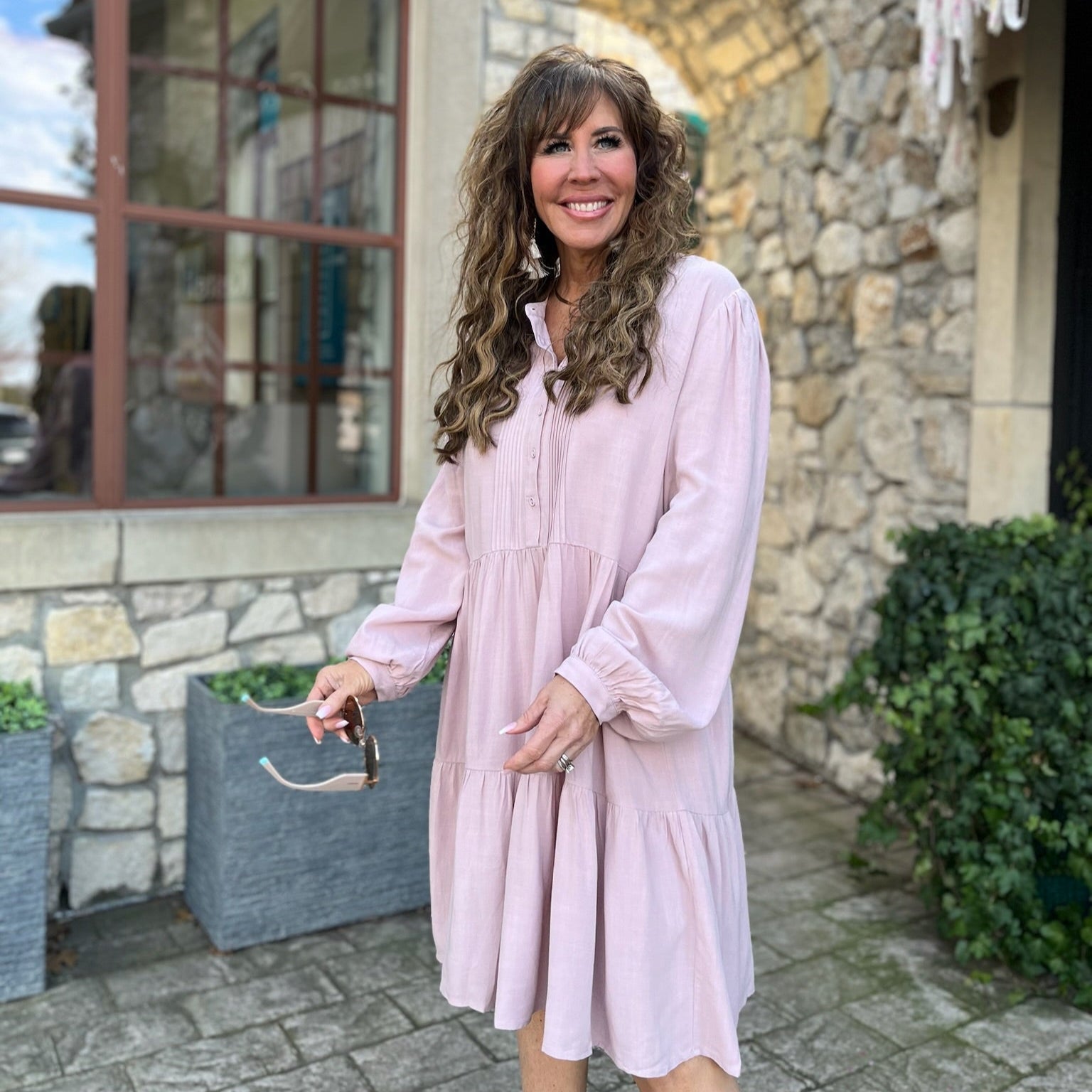 pintuck detail dress, split v neckline, babydoll mini dress, babydoll dress, tiered skirt, babydoll tiered dress, pale pink dress, mom dress, spring dress, easter dress, easter outfit, spring outfit, teacher dress, teacher outfit, button front detail, pink dress, business casual dress