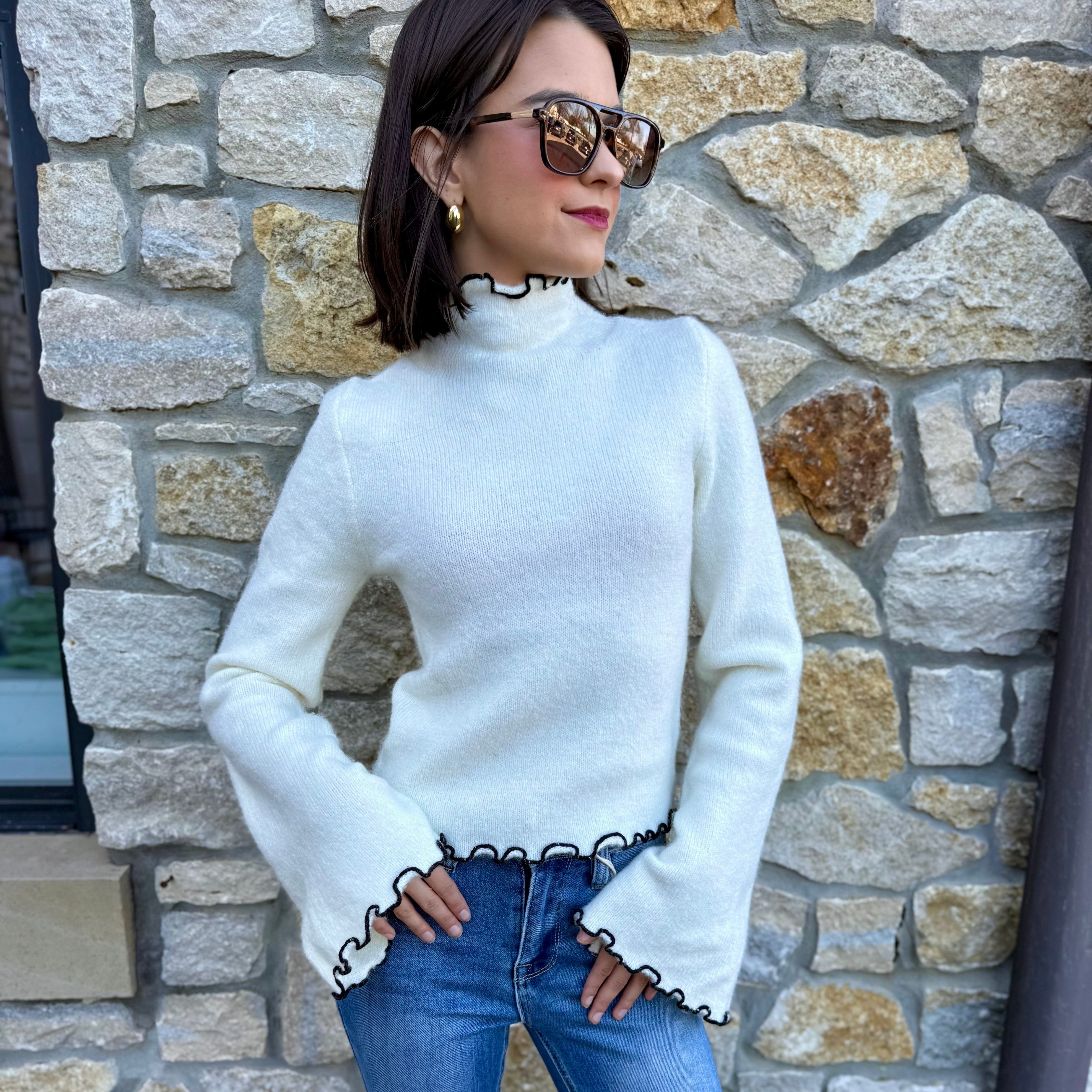 contrast turtleneck sweater, mock neck sweater, contrast stitch sweater, flare sleeve sweater, slim fit knit top, trendy fall sweater, cozy knit mock neck, boutique fall fashion, chic neutral sweater, stylish knit top, elevated basic sweater, modern classic knit, color contrast pullover, women’s fall style, polished fall outfit, sweater with flare sleeves, fall layering top, contrast detail knit, fall wardrobe staple, office to weekend sweater, cozy chic top, minimalist sweater, black and white sweater