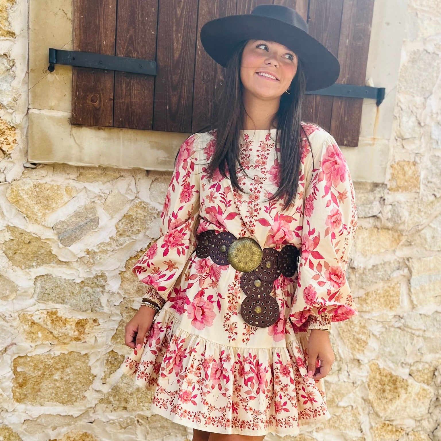 floral mini dress, fall floral dress, long sleeve mini dress, smocked cuff dress, self tie waist dress, ruffle hem dress, feminine fall outfit, woven floral dress, lightweight mini dress, transitional fall dress, boutique floral dress, casual day dress, brunch outfit dress, fall layering dress, floral print mini, romantic fall style, cute fall dress, city stroll outfit, trendy boutique dress