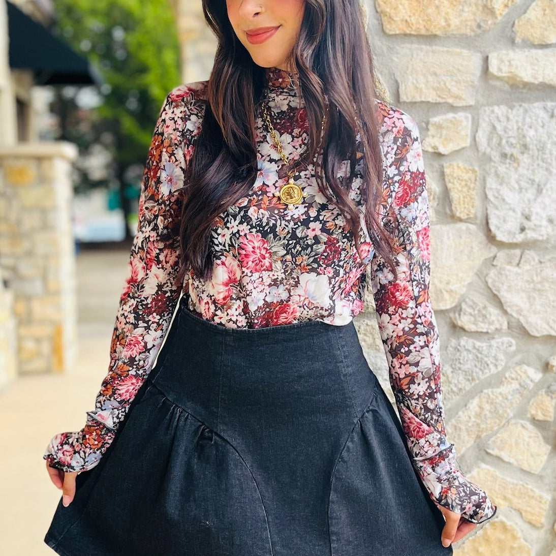 floral print top, fall florals, fall floral top, black floral top, black floral mock neck top, high neck top, ruffled cuff top, fall photos, layering top, fall top, concert top, country concert top, top with thumbholes, thumbhole sleeves top, black floral print top, semi sheer top