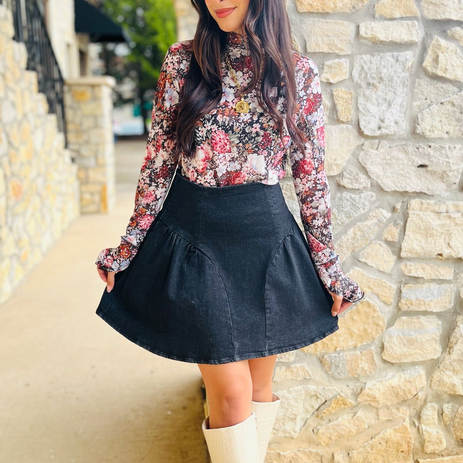 black flare mini skirt, black denim mini skirt, flared mini skirt, stretchy mini skirt, black skirt for all seasons, versatile mini skirt, year-round skirt, fall mini skirt, winter mini skirt, spring mini skirt, summer mini skirt, mini skirt with back zipper, casual black skirt, dressy black mini skirt, comfortable denim skirt, black skirt with stretch, soft denim mini skirt, high waist mini skirt, game day skirt, transitional mini skirt, wardrobe staple skirt, everyday black skirt, flattering mini skirt