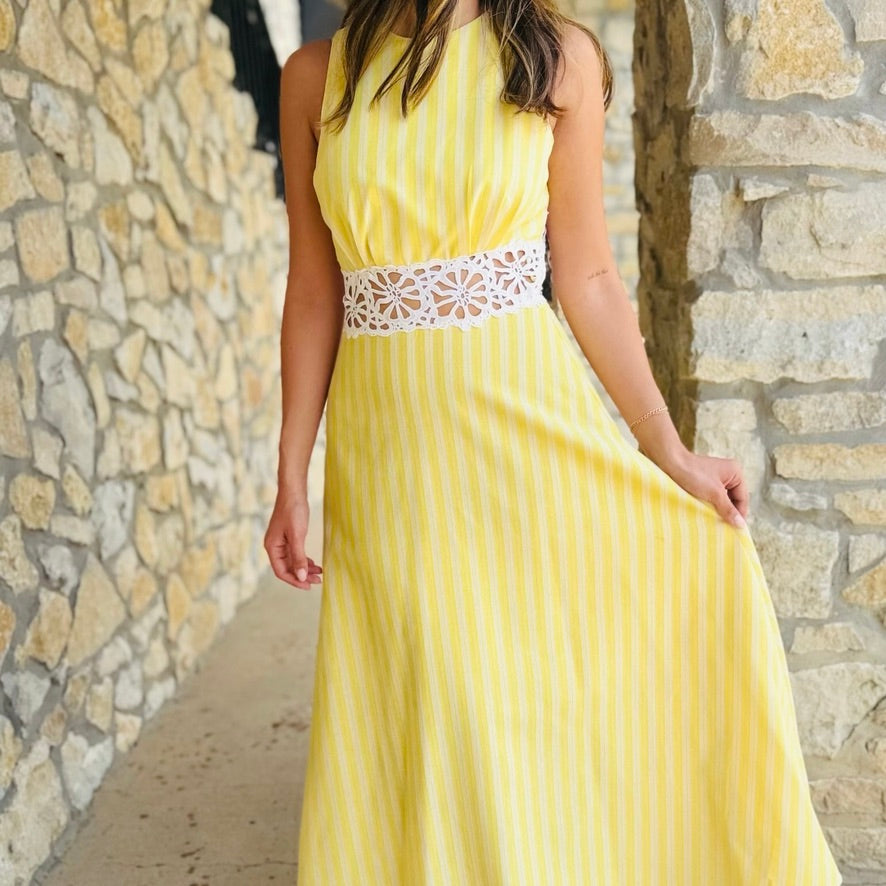 Graceful Romance Striped Lace Trim Open Back Midi Dress