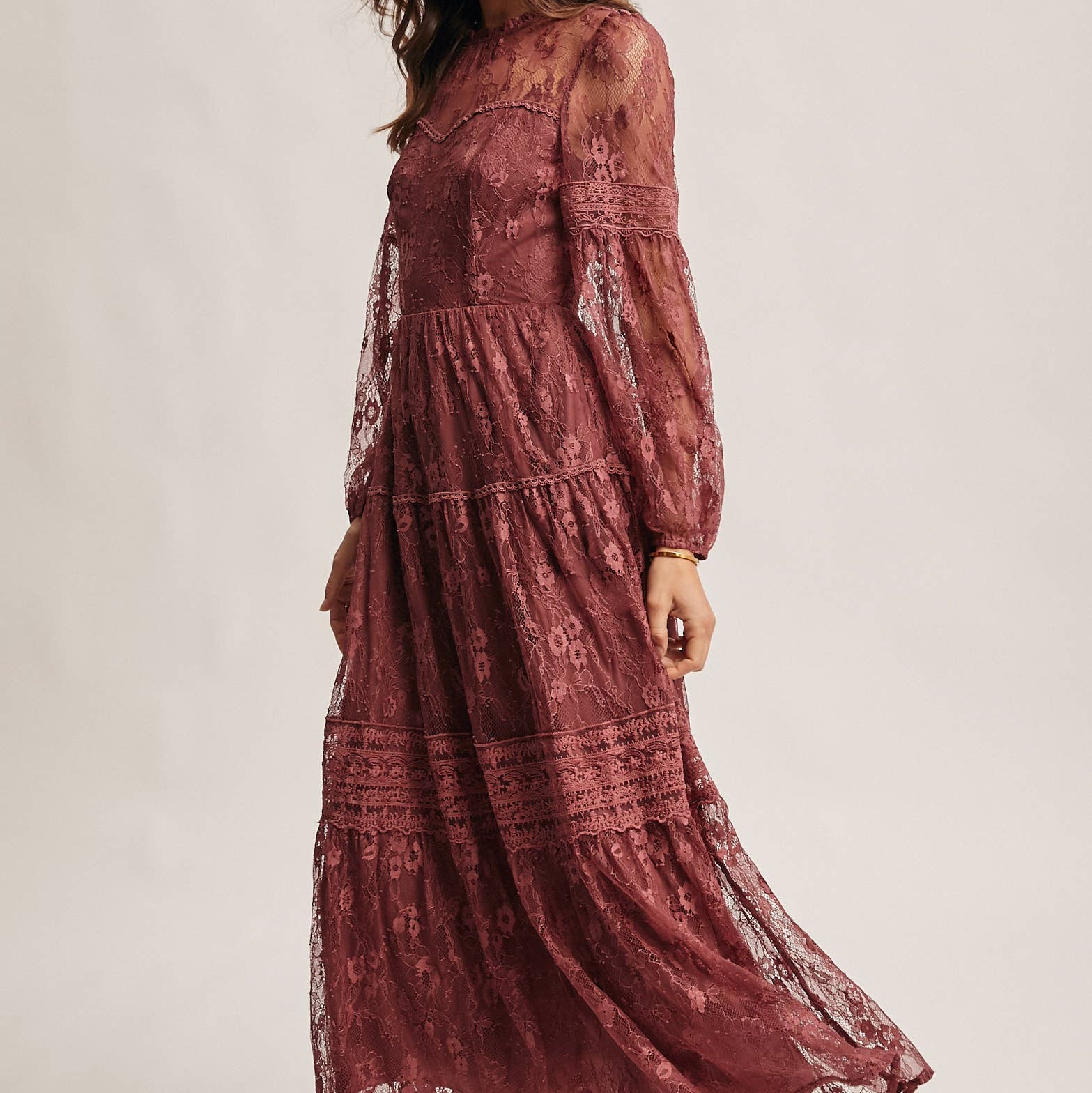 Midnight Merlot Tiered Lace Maxi Dress