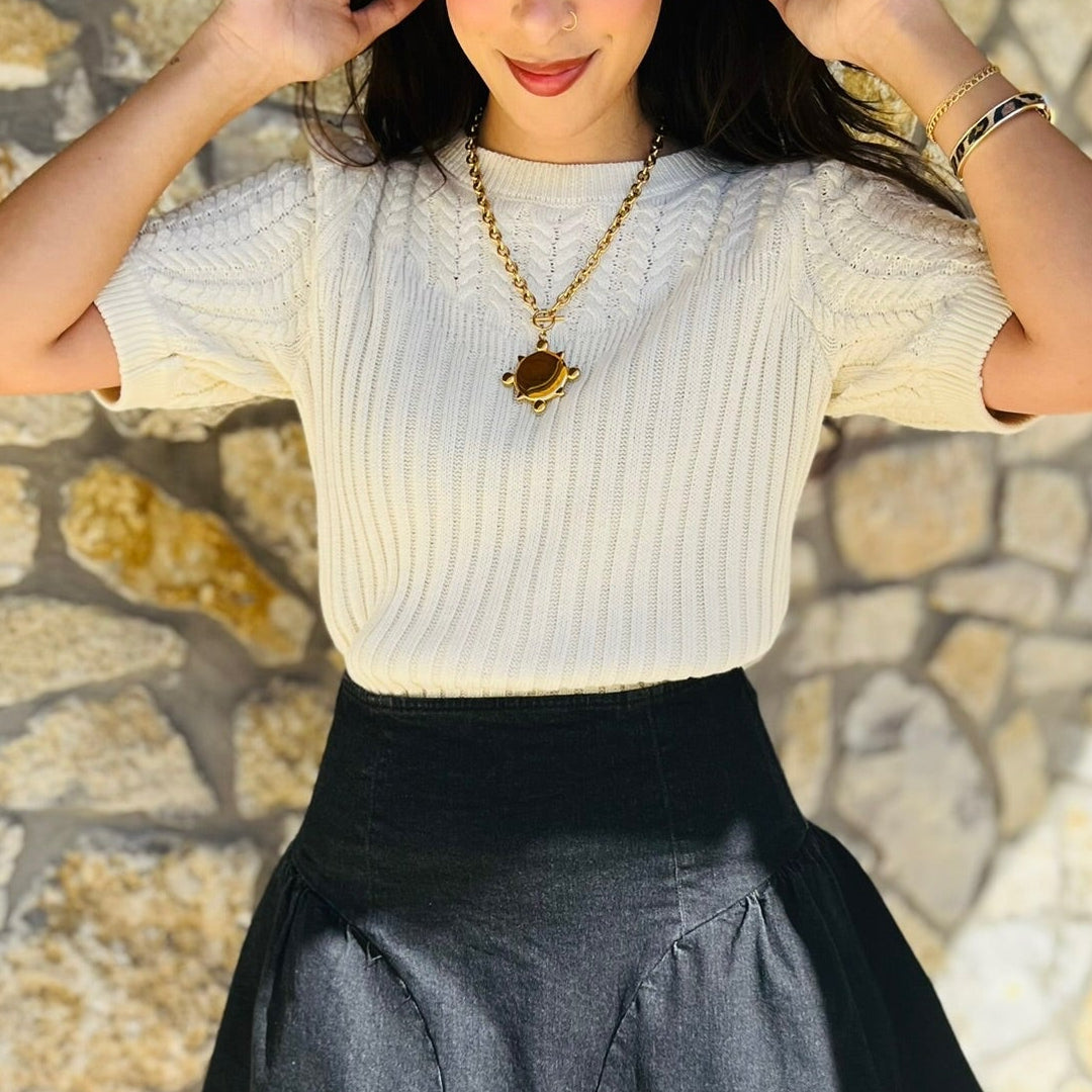 short sleeve sweater, cable knit sweater, puff sleeve sweater, textured knit top, fall staple sweater, olive sweater, cinnamon sweater, cream sweater, business casual top, professional fall outfit, chic knit blouse, transitional fall fashion, boutique sweater top, cable texture pullover, women’s fall style, cozy yet polished sweater, short sleeve fall knit, elevated basic top, versatile fall outfit, classic round neck sweater, neutral fall tones, layered office outfit, knit top for work