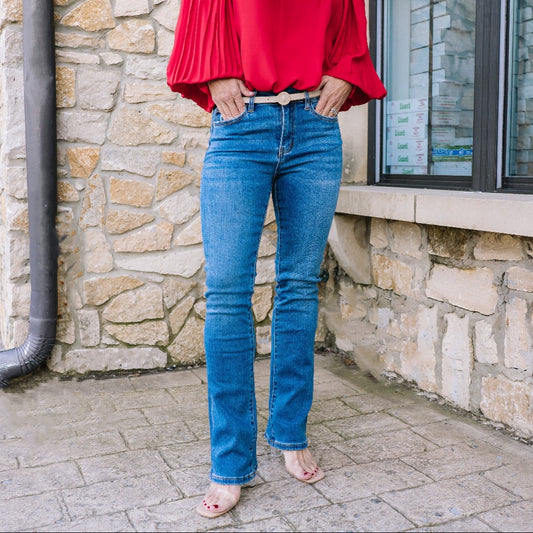 high rise jeans, bootcut jeans, medium wash denim, comfort stretch denim, full length jeans, functional pocket jeans, versatile bootcut, clean hem denim, flattering high waist jeans, women’s everyday jeans, polished denim, classic denim silhouette, staple jeans, V3205, boutique denim, timeless jeans, casual and dressy denim, stretchy bootcut jeans, wardrobe essential jeans