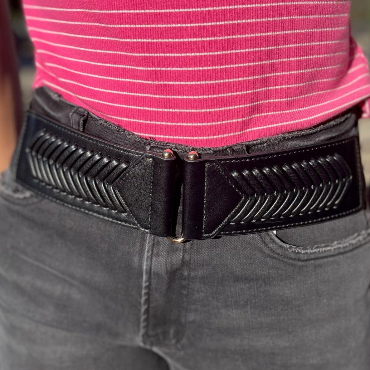 boho western belt, fishtail pattern belt, elastic stretch belt, adjustable waist belt, U hook clasp belt, black boho belt, tan boho belt, brown boho belt, western chic belt, boho outfit accessory, trendy stretch belt, casual dress belt, festival style belt, versatile boho belt, stylish western belt