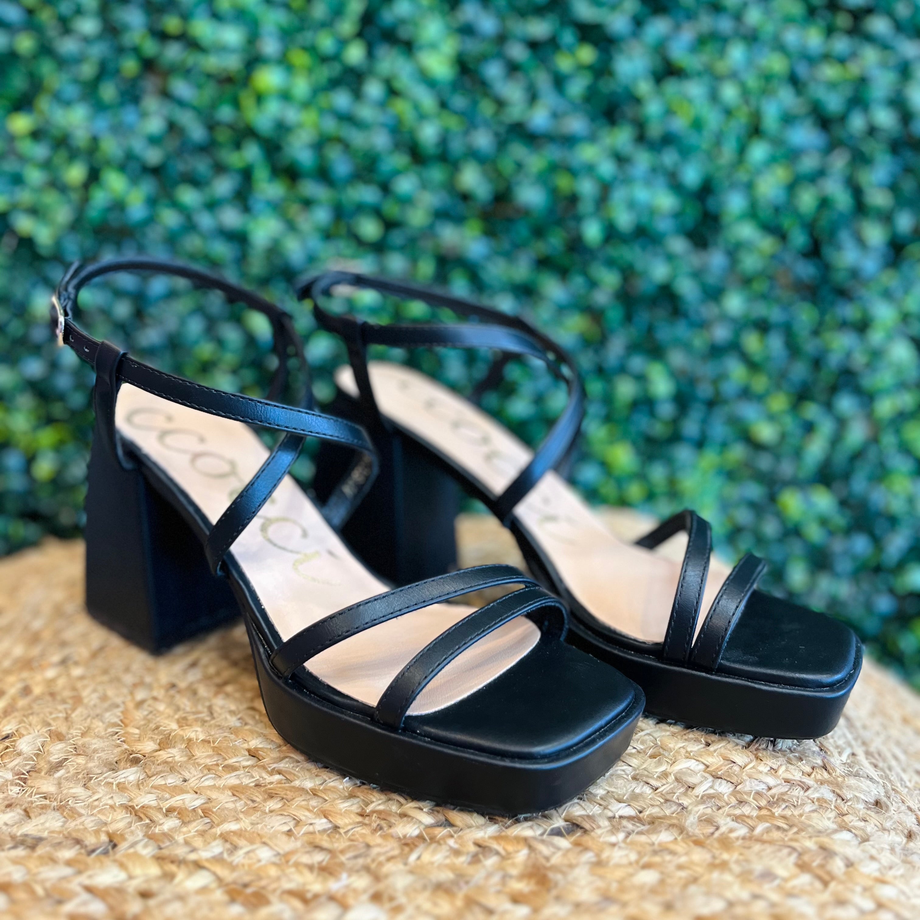 Black Strappy Heels, Black Platform Heels, Black Chunky Heels, Black Strappy Heels Karadise, Black Strappy Heels Karadise Boutique, Black Strappy Heels McKinney Texas, Formal Events, Wedding Guest Heels, Chic Heels