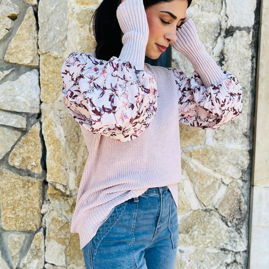 romantic floral top, contrast sleeve blouse, balloon sleeve top, pink floral shirt, ribbed fitted top, scalloped neckline blouse, feminine fall top, mauve floral sleeve shirt, chic casual top, boutique floral blouse, floral detail sweater top, pink and cream top, girly fall outfit, trendy sleeve detail top, date night blouse, everyday romantic top, floral ribbed blouse, fall transition top, boho chic floral top