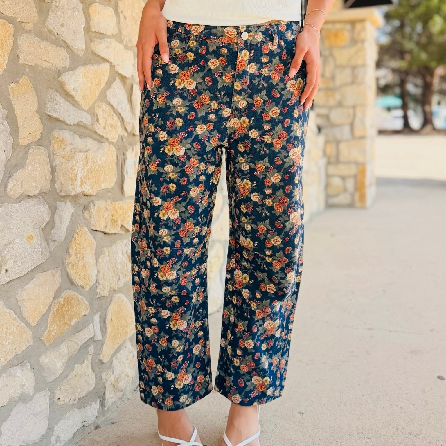 Sunset Garden Mineral Washed Floral Denim Barrel Pants