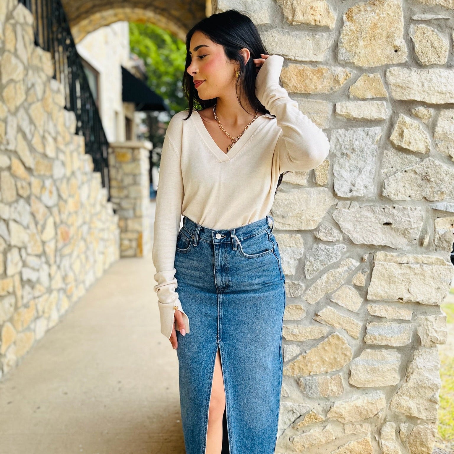 denim midi skirt, kancan denim skirt, medium wash denim skirt, jean midi skirt, button and zip denim skirt, center slit skirt, fall denim skirt, classic jean skirt, rigid denim skirt, casual to chic outfit, timeless denim piece, versatile midi skirt, no stretch denim, everyday denim skirt, closet staple skirt, long jean skirt, stylish denim bottom, blue denim midi, all season denim skirt, high quality kancan skirt