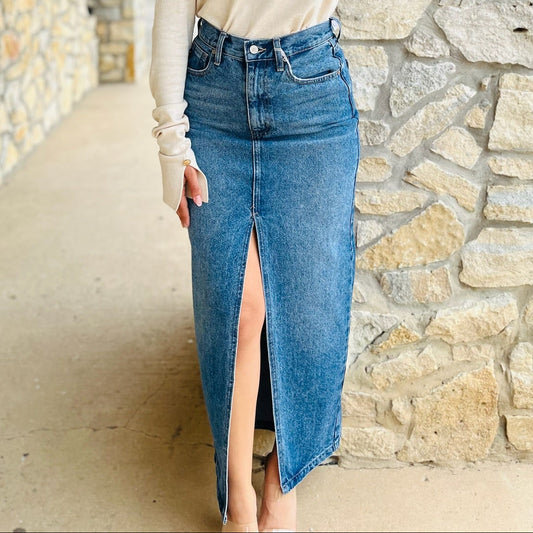 denim midi skirt, kancan denim skirt, medium wash denim skirt, jean midi skirt, button and zip denim skirt, center slit skirt, fall denim skirt, classic jean skirt, rigid denim skirt, casual to chic outfit, timeless denim piece, versatile midi skirt, no stretch denim, everyday denim skirt, closet staple skirt, long jean skirt, stylish denim bottom, blue denim midi, all season denim skirt, high quality kancan skirt