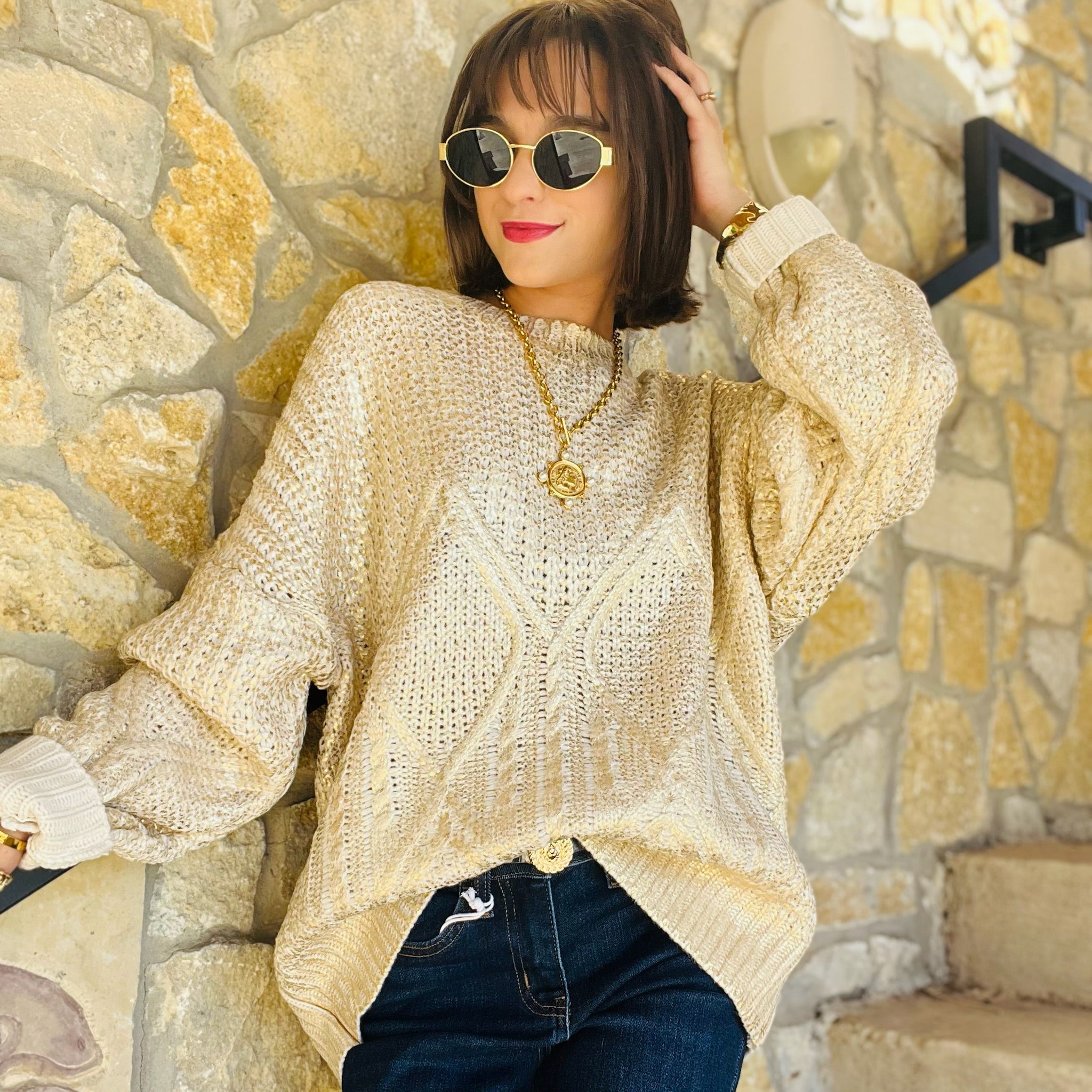 gold sweater, metallic sweater, shimmer knit top, gold foil sweater, statement sweater, holiday sweater, fall party outfit, glam knit sweater, cozy glam style, dressy sweater, boutique fall fashion, sparkly sweater top, relaxed fit sweater, cable knit sweater, crew neck gold sweater, long sleeve shimmer top, fall date night outfit, women’s metallic pullover, festive gold top, winter holiday look, chic fall sweater, elevated casual style, cozy yet chic sweater, shiny knit top, luxe gold sweater, boutique hol