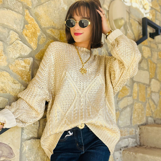 gold sweater, metallic sweater, shimmer knit top, gold foil sweater, statement sweater, holiday sweater, fall party outfit, glam knit sweater, cozy glam style, dressy sweater, boutique fall fashion, sparkly sweater top, relaxed fit sweater, cable knit sweater, crew neck gold sweater, long sleeve shimmer top, fall date night outfit, women’s metallic pullover, festive gold top, winter holiday look, chic fall sweater, elevated casual style, cozy yet chic sweater, shiny knit top, luxe gold sweater, boutique hol