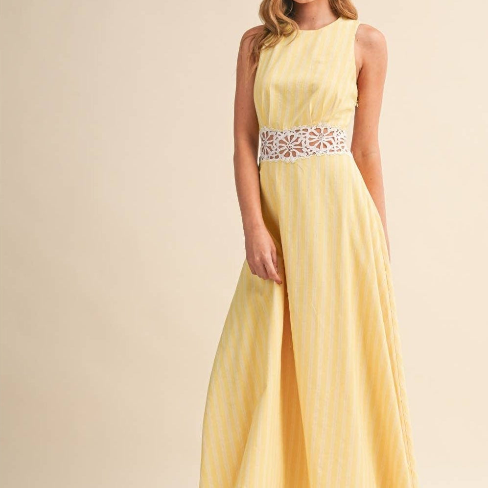 Graceful Romance Striped Lace Trim Open Back Midi Dress