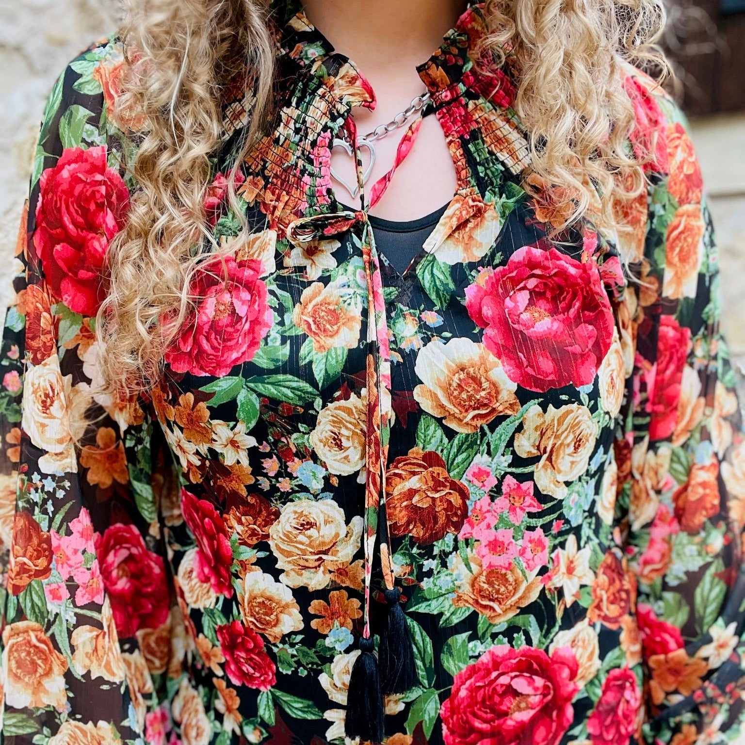 floral blouse, floral print top, high neck blouse, peasant sleeve top, smocked cuff blouse, tie front top, feminine floral top, chic work blouse, dinner date outfit, woven floral blouse, elegant floral shirt, boutique top, stylish fall blouse, office to evening top, floral high neck shirt, trendy floral blouse, women’s printed blouse, versatile floral top, romantic feminine style, cute floral top