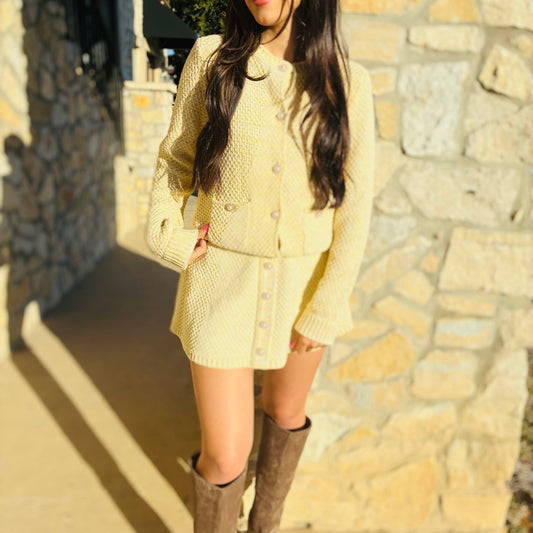 pearl button skirt, matching knit skirt, textured knit skirt women, cotton knit skirt, ivory knit skirt, navy knit skirt, button front skirt women, pearl detail skirt, elevated everyday skirt, polished knit skirt, feminine wardrobe staple, classic silhouette skirt, ribbed waist knit skirt, dressy casual skirt women, fall to spring skirt, boutique women’s skirts, coordinated set skirt, skirt and cardigan set, refined knitwear women