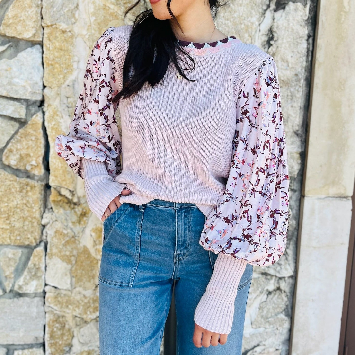 romantic floral top, contrast sleeve blouse, balloon sleeve top, pink floral shirt, ribbed fitted top, scalloped neckline blouse, feminine fall top, mauve floral sleeve shirt, chic casual top, boutique floral blouse, floral detail sweater top, pink and cream top, girly fall outfit, trendy sleeve detail top, date night blouse, everyday romantic top, floral ribbed blouse, fall transition top, boho chic floral top