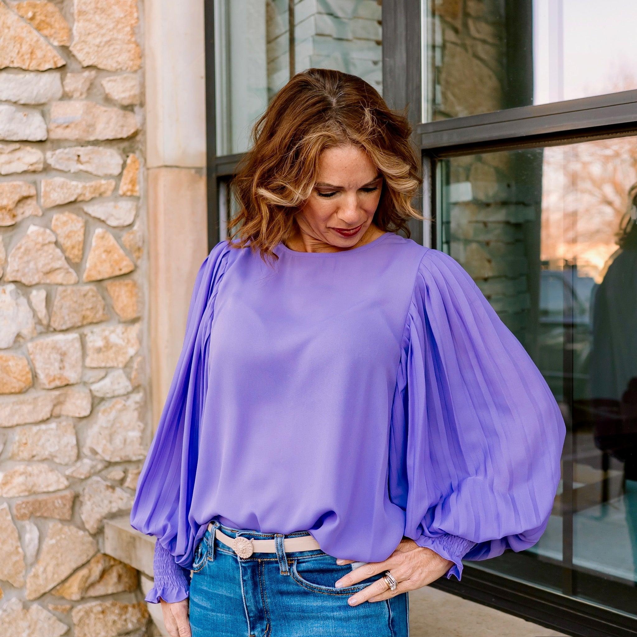 pleated sleeve blouse, business casual, business chic, business professional, work outfit, work top, long sleeve blouse, pleated blouse, pleated sleeve, staple piece, staple work top, red top, red blouse, pink top, pink blouse, lavender top, lavender blouse