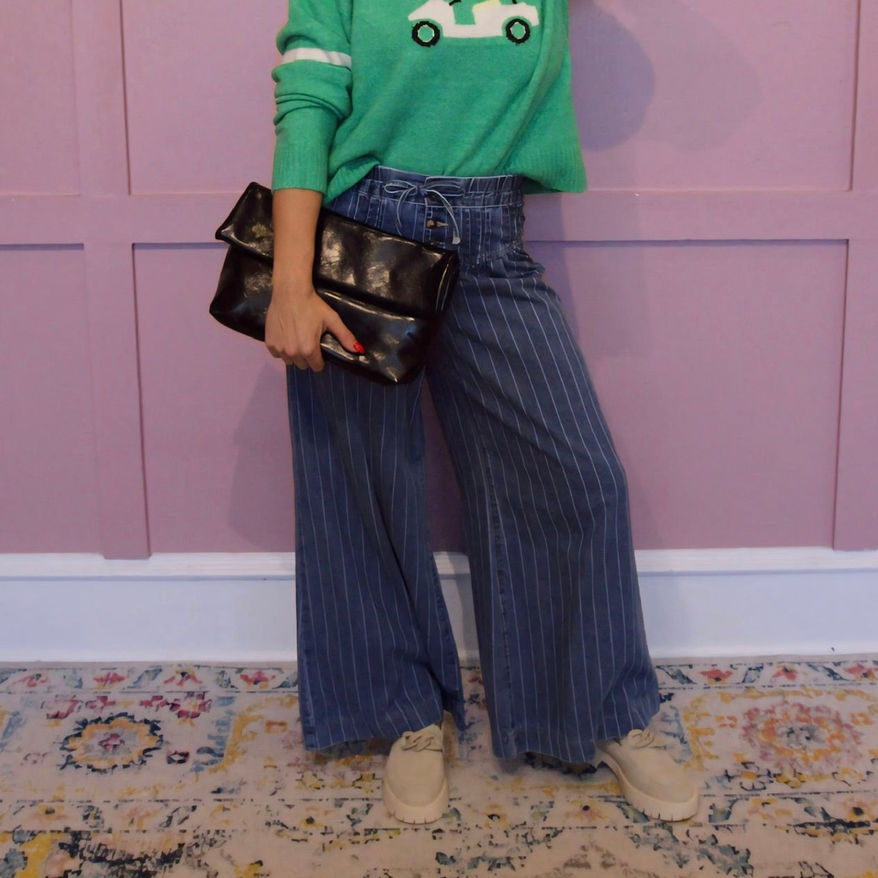 The Hamptons Stripe Button Pleated Drawstring Wide Leg Jeans