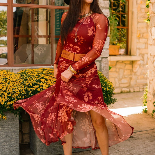 burgundy floral dress, floral mesh dress, romantic fall dress, sheer sleeve dress, mesh midi dress, burgundy mesh dress, moody floral dress, fall wedding guest dress, holiday party dress, long sleeve floral dress, fitted floral dress, flared skirt dress, sheer long sleeve dress, mesh floral midi dress, floral print mesh dress, jewel tone floral dress, asymmetrical paneled dress, round neck floral dress, fall floral mesh dress, winter floral dress, romantic midi dress, chic burgundy dress, layered mesh dress