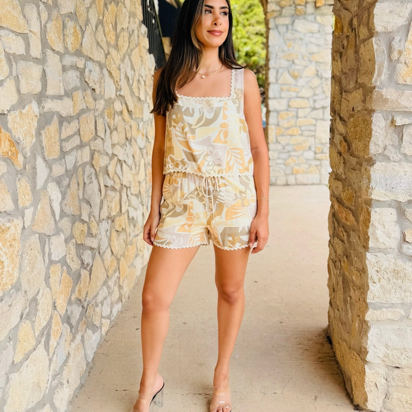 Sunny Side Abstract Leafy Top & Shorts Set
