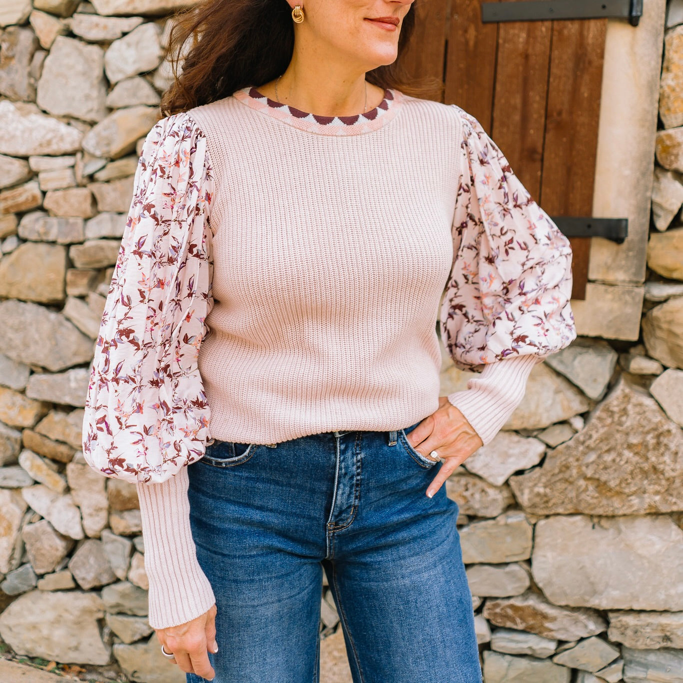 romantic floral top, contrast sleeve blouse, balloon sleeve top, pink floral shirt, ribbed fitted top, scalloped neckline blouse, feminine fall top, mauve floral sleeve shirt, chic casual top, boutique floral blouse, floral detail sweater top, pink and cream top, girly fall outfit, trendy sleeve detail top, date night blouse, everyday romantic top, floral ribbed blouse, fall transition top, boho chic floral top