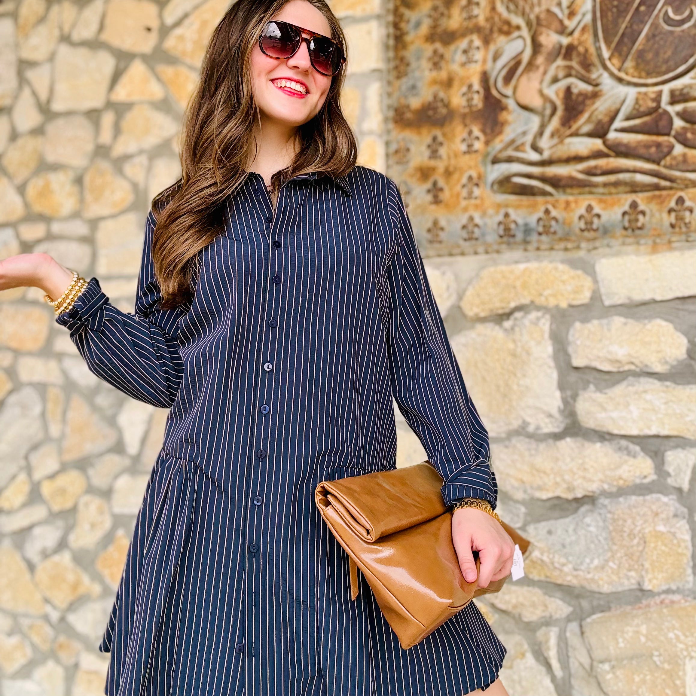 Jen Navy Striped Collared Dress