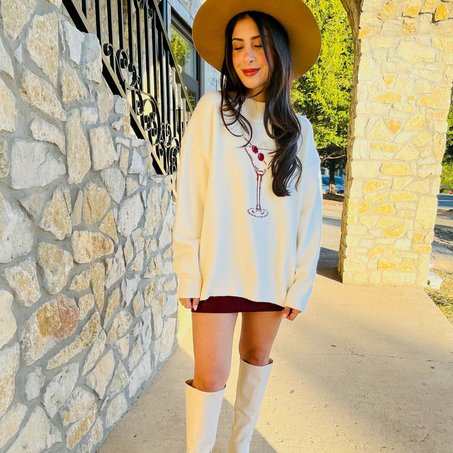 cream sweater, burgundy martini glass sweater, mock neck sweater, long sleeve knit top, cozy chic sweater, flirty sweater, preppy style sweater, cocktail hour sweater, fun statement sweater, layering sweater, fall wardrobe sweater, women's knit top, casual chic sweater, playful design sweater, versatile sweater, night out outfit sweater, holiday party sweater, cozy layering knit, acrylic blend sweater, sophisticated knit top