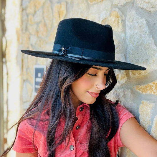 wide brim wool hat, western felt hat, boho chic hat, fall winter hat, stiff brim hat, triangle crown hat, custom band hat, cowgirl style hat, boutique wool hat, concert hat, game day hat, bohemian western hat, neutral wool hat, trendy fall accessories, statement hat for women, boho fall fashion, rancher hat, holiday outfit accessory, elevated everyday hat