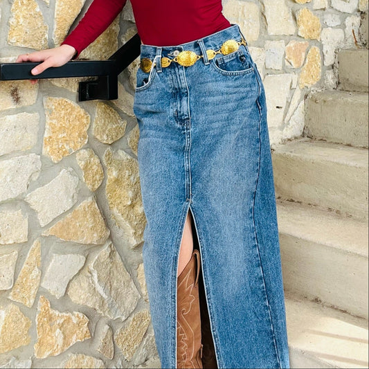 denim midi skirt, kancan denim skirt, medium wash denim skirt, jean midi skirt, button and zip denim skirt, center slit skirt, fall denim skirt, classic jean skirt, rigid denim skirt, casual to chic outfit, timeless denim piece, versatile midi skirt, no stretch denim, everyday denim skirt, closet staple skirt, long jean skirt, stylish denim bottom, blue denim midi, all season denim skirt, high quality kancan skirt