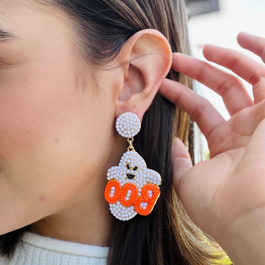 Boo Ghost Pearl Beaded Earrings,Halloween Pearl Earrings,Cute Ghost Earrings,Spooky Chic Jewelry,Beaded Ghost Earrings,Halloween,Jewelry McKinney Texas,Karadise Boutique Earrings,Karadise Boutique Halloween Jewelry,McKinney Texas Boutique Earrings,Ghost Pearl Earrings Karadise Boutique,Festive Halloween Earrings,Boutique Jewelry McKinney Texas, Statement Halloween Earrings,Karadise Boutique Spooky Earrings,Fall Jewelry Collection McKinney