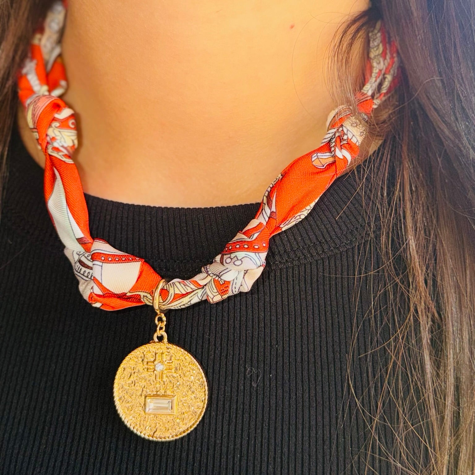 Orange Horizon Hammered Pendant Scarf Necklace
