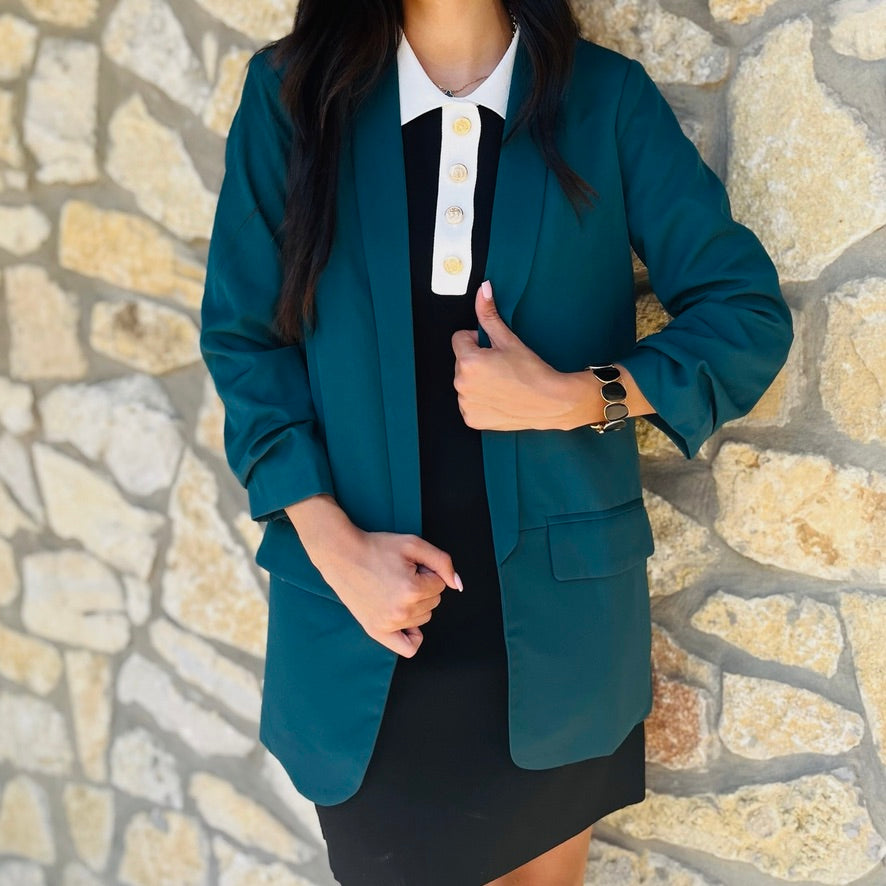 relaxed fit blazer, ruched sleeve blazer, 3/4 sleeve blazer, shoulder pad blazer, dropped shawl collar blazer, flap pocket blazer, versatile women’s blazer, office blazer, dressy casual blazer, polished workwear blazer, boutique blazer, structured yet relaxed blazer, chic everyday blazer, stylish layering blazer, solid color blazer, professional women’s blazer, date night blazer, hand wash blazer, timeless wardrobe blazer, sophisticated blazer for women, forest green blazer, fuchsia blazer, white blazer