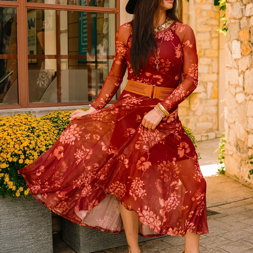 burgundy floral dress, floral mesh dress, romantic fall dress, sheer sleeve dress, mesh midi dress, burgundy mesh dress, moody floral dress, fall wedding guest dress, holiday party dress, long sleeve floral dress, fitted floral dress, flared skirt dress, sheer long sleeve dress, mesh floral midi dress, floral print mesh dress, jewel tone floral dress, asymmetrical paneled dress, round neck floral dress, fall floral mesh dress, winter floral dress, romantic midi dress, chic burgundy dress, layered mesh dress