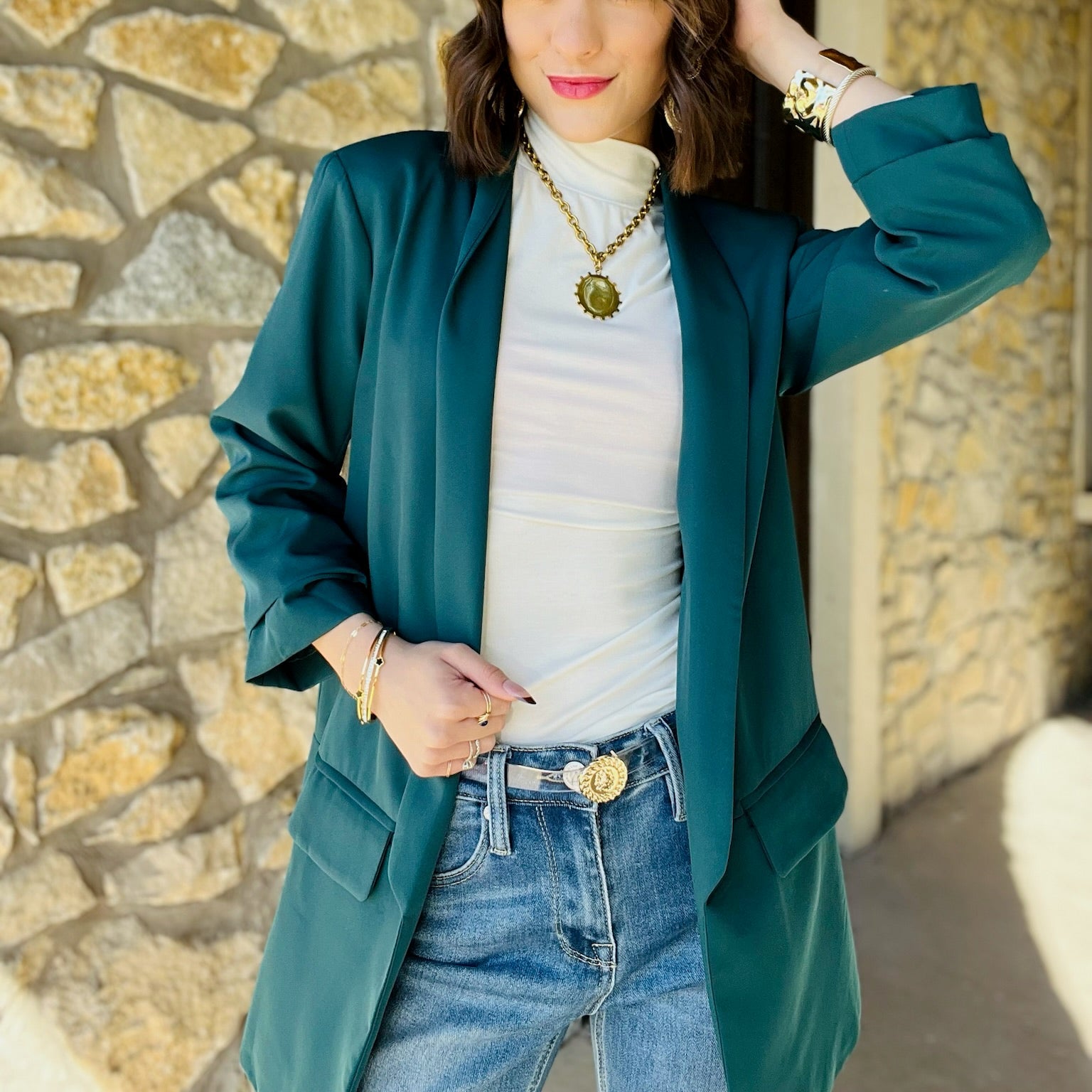 relaxed fit blazer, ruched sleeve blazer, 3/4 sleeve blazer, shoulder pad blazer, dropped shawl collar blazer, flap pocket blazer, versatile women’s blazer, office blazer, dressy casual blazer, polished workwear blazer, boutique blazer, structured yet relaxed blazer, chic everyday blazer, stylish layering blazer, solid color blazer, professional women’s blazer, date night blazer, hand wash blazer, timeless wardrobe blazer, sophisticated blazer for women, forest green blazer, fuchsia blazer, white blazer