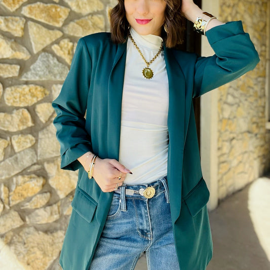 relaxed fit blazer, ruched sleeve blazer, 3/4 sleeve blazer, shoulder pad blazer, dropped shawl collar blazer, flap pocket blazer, versatile women’s blazer, office blazer, dressy casual blazer, polished workwear blazer, boutique blazer, structured yet relaxed blazer, chic everyday blazer, stylish layering blazer, solid color blazer, professional women’s blazer, date night blazer, hand wash blazer, timeless wardrobe blazer, sophisticated blazer for women, forest green blazer, fuchsia blazer, white blazer