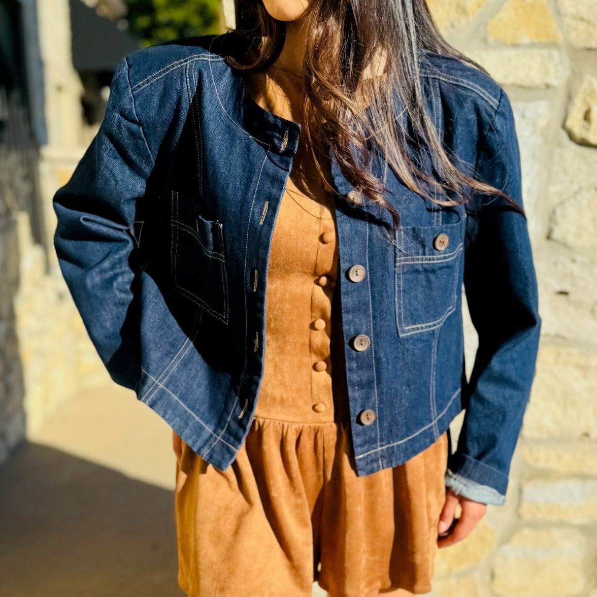 cropped denim jacket, dark wash denim jacket, women’s denim jacket, button down jean jacket, boutique denim jacket, classic jean jacket, casual denim jacket, fall layering piece, 100% cotton denim, dark wash cropped jacket, trendy denim outfit, matching denim set, timeless jean jacket, everyday denim outerwear, round neck denim jacket, long sleeve denim jacket, stylish denim jacket for women