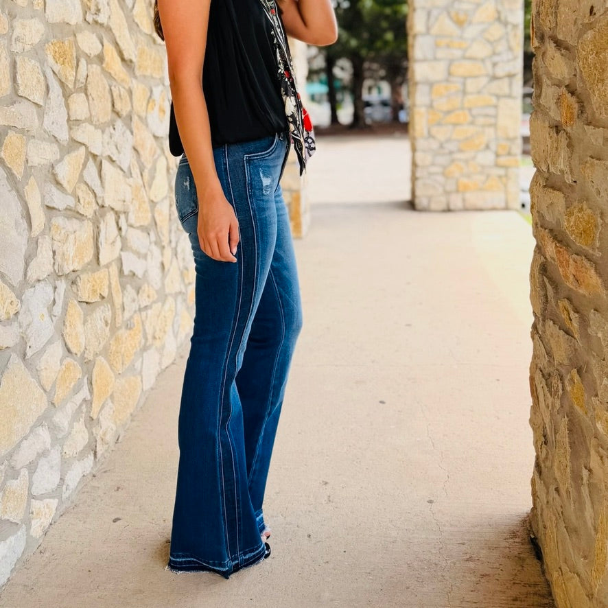 Emmalyn Dark Wash Contrast Detail Flare Jeans