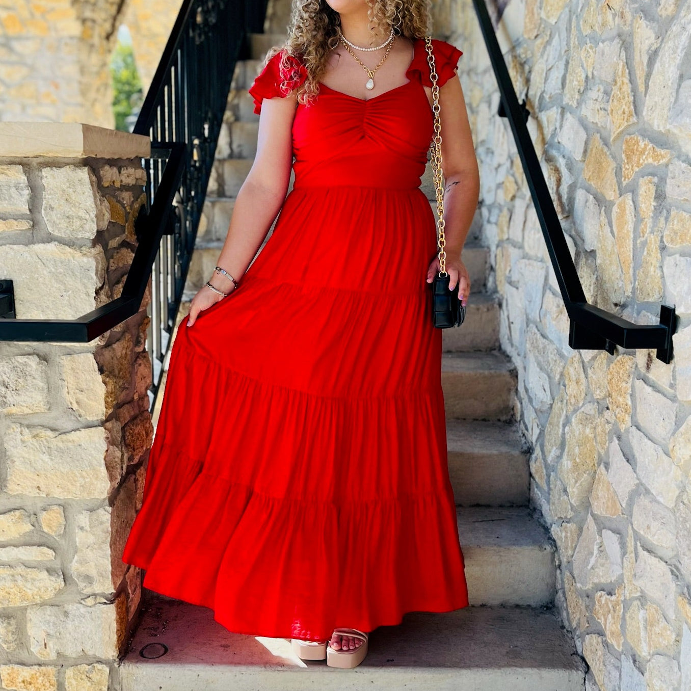 red maxi dress, summer to fall dress, texas boutique dress, elegant red dress, tiered maxi dress, cinched front dress, woven maxi, layered sleeve dress, statement red dress, dressy red maxi, fall transition outfit, wedding guest dress, date night maxi, boutique red dress, flowy red dress, feminine maxi dress, ankle length red dress, trendy boutique maxi, lightweight fall dress