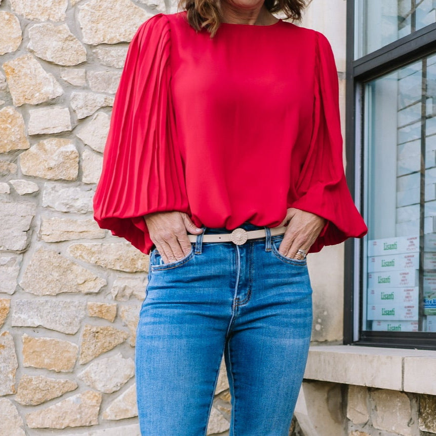 pleated sleeve blouse, business casual, business chic, business professional, work outfit, work top, long sleeve blouse, pleated blouse, pleated sleeve, staple piece, staple work top, red top, red blouse, pink top, pink blouse, lavender top, lavender blouse