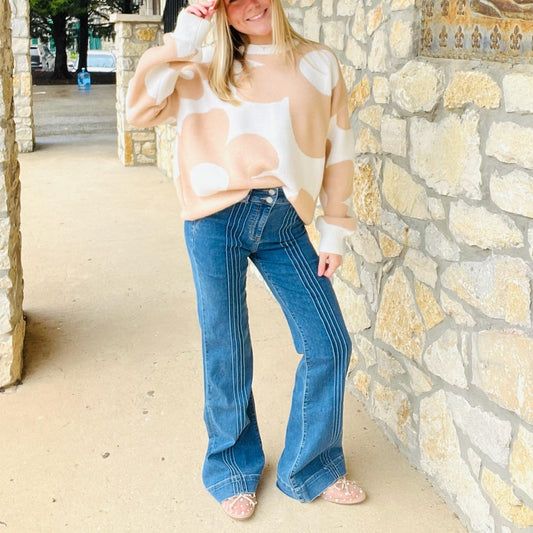high rise flare jeans, flare denim, stretchy flare jeans, boutique denim, medium wash jeans, double button jeans, pin tuck detail jeans, flattering flare pants, women’s high waist denim, chic flare jeans, everyday denim, trendy boutique jeans, comfortable stretch jeans, classic blue flare jeans, leg-lengthening jeans, polished denim look, dressy flare jeans, casual work jeans, must-have fall denim, versatile blue jeans, stylish flare fit, comfy flattering jeans, wardrobe staple denim