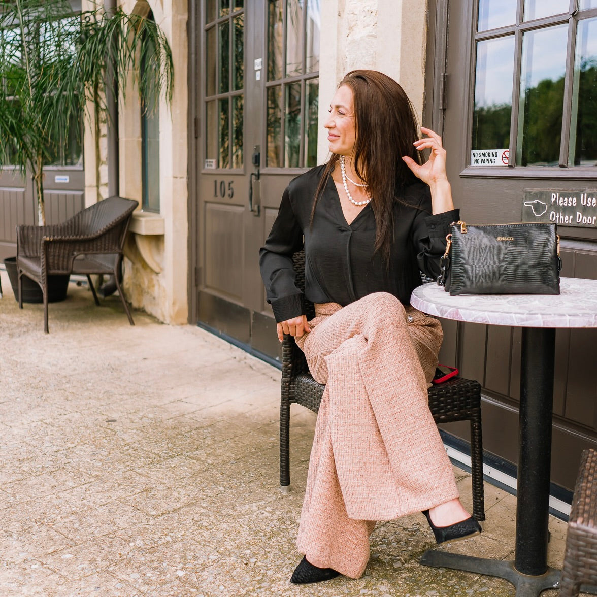 tweed pants, tailored tweed trousers, boutique chic pants, sophisticated pants for women, high waisted tweed pants, workwear pants, polished trousers, taupe tweed pants, slate gray tweed pants, front closure pants, jewel button pants, pockets trousers, versatile dress pants, stylish fall pants, professional pants for women, classic tweed bottoms, chic office pants, elegant tweed pants, modern boutique pants, timeless wardrobe staple