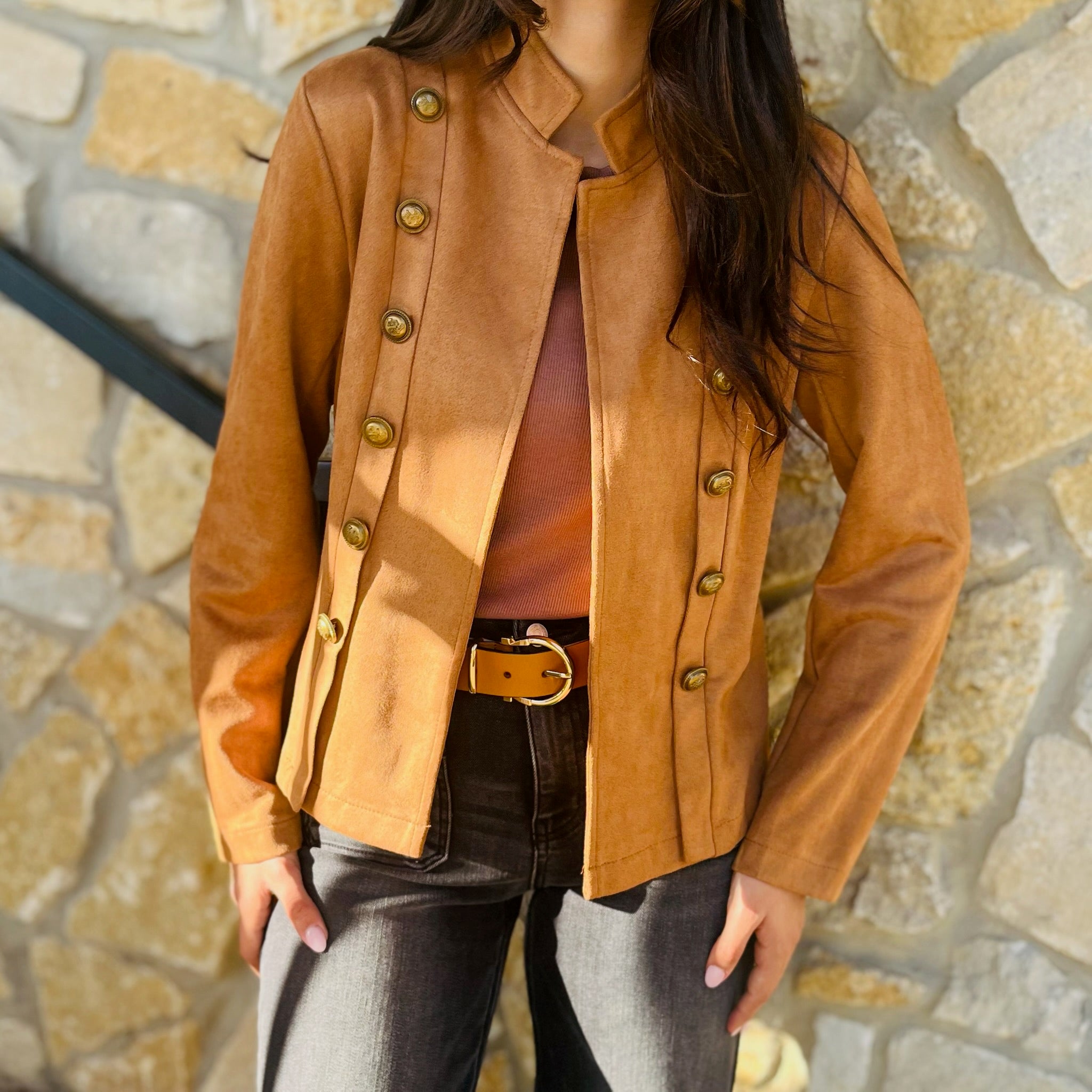 vintage suede jacket, deerskin jacket, faux deerskin jacket, suede mock neck jacket, single breasted jacket, button detail jacket, structured collar jacket, long sleeve suede jacket, vintage inspired outerwear, fall suede jacket, chic suede jacket, soft touch suede jacket, timeless statement jacket, elevated outerwear, boutique suede jacket, women’s suede jacket, classic neutral jacket, minimalist layering jacket, refined fall jacket