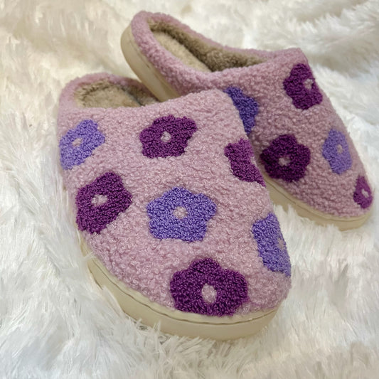 Flower Slippers,  Floral Slippers McKinney Texas, Floral Slippers Karadise, Floral Slippers Karadise Boutique, Purple Floral Slippers, Fuzzy Slippers, Cozy Slippers