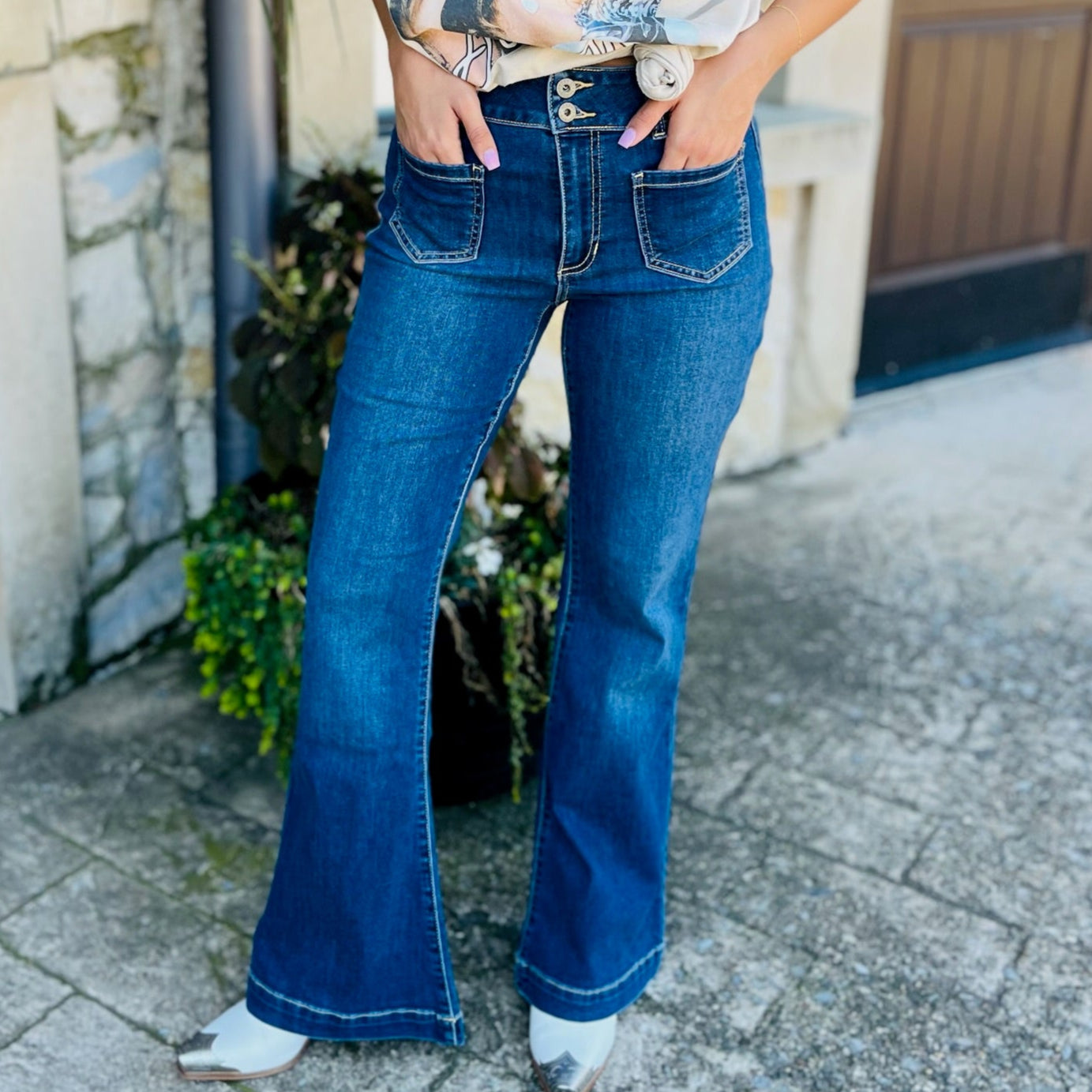 Sneak Peek flare jeans, dark wash flare jeans, mid rise flare denim, clean no distressing jeans, double button closure jeans, comfort stretch flare jeans, women’s dark wash denim, classic flare jeans for fall, versatile flare jeans, polished dark denim pants, transitional denim flare jeans, SP-P12474DK