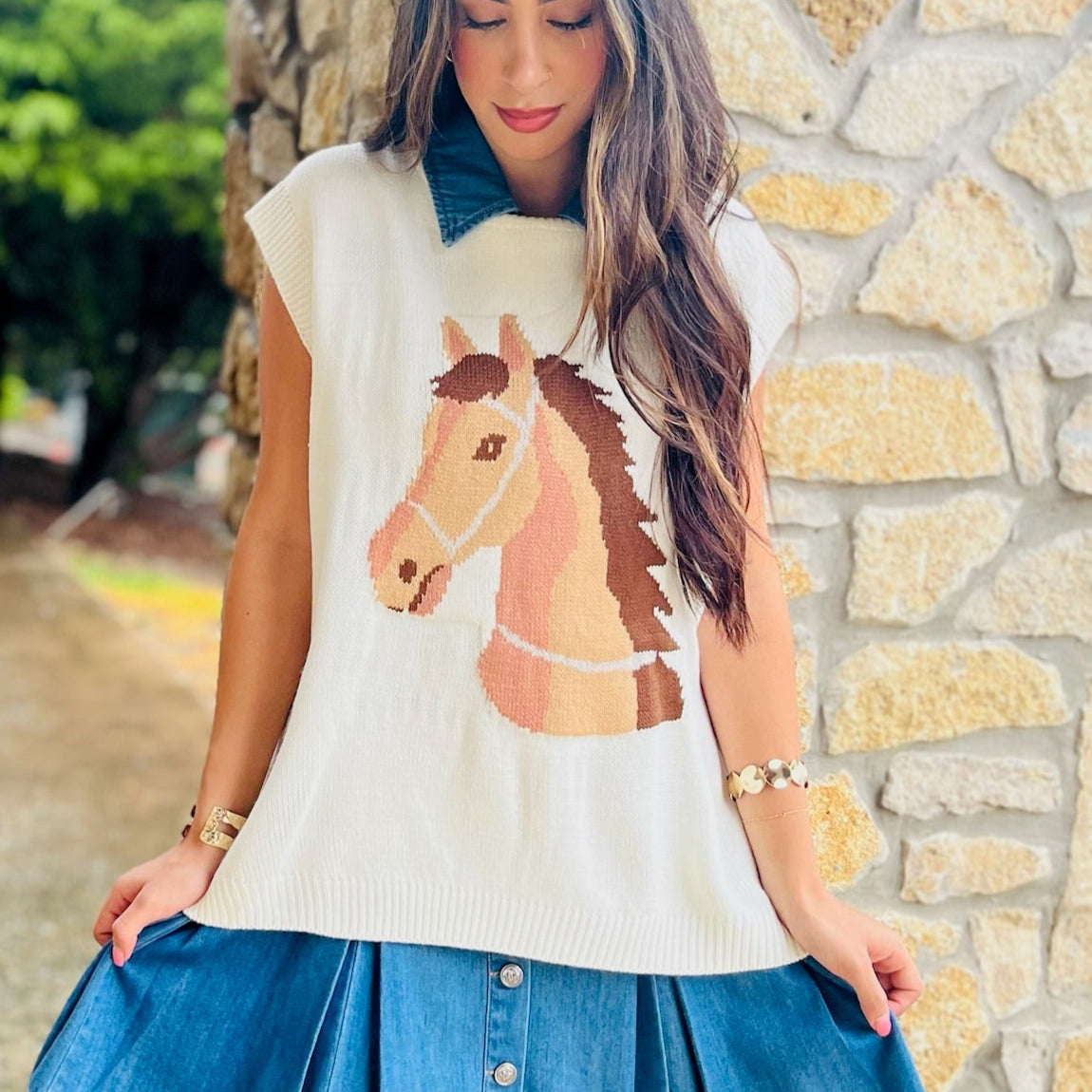 horse graphic sweater, western sweater top, oversized knit top, sleeveless sweater, tie detail sweater, side slit top, casual western sweater, lightweight knit top, acrylic sweater for women, boutique western fashion, horse lover top, trendy graphic sweater, chic oversized sweater, versatile summer knit, layered sweater top, western inspired clothing, statement knit top, stylish sleeveless sweater, casual boutique top, western chic sweater, fun graphic top, unique horse sweater, fall layering sweater