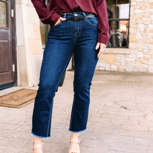 cropped flare jeans, flare jeans, comfort stretch denim, comfort stretch jeans, dark wash jeans, frayed hem jeans, cropped jeans, denim apparel, dark wash denim, dark wash jeans, vervet denim, high rise jeans, high waisted jeans, high rise flare jeans