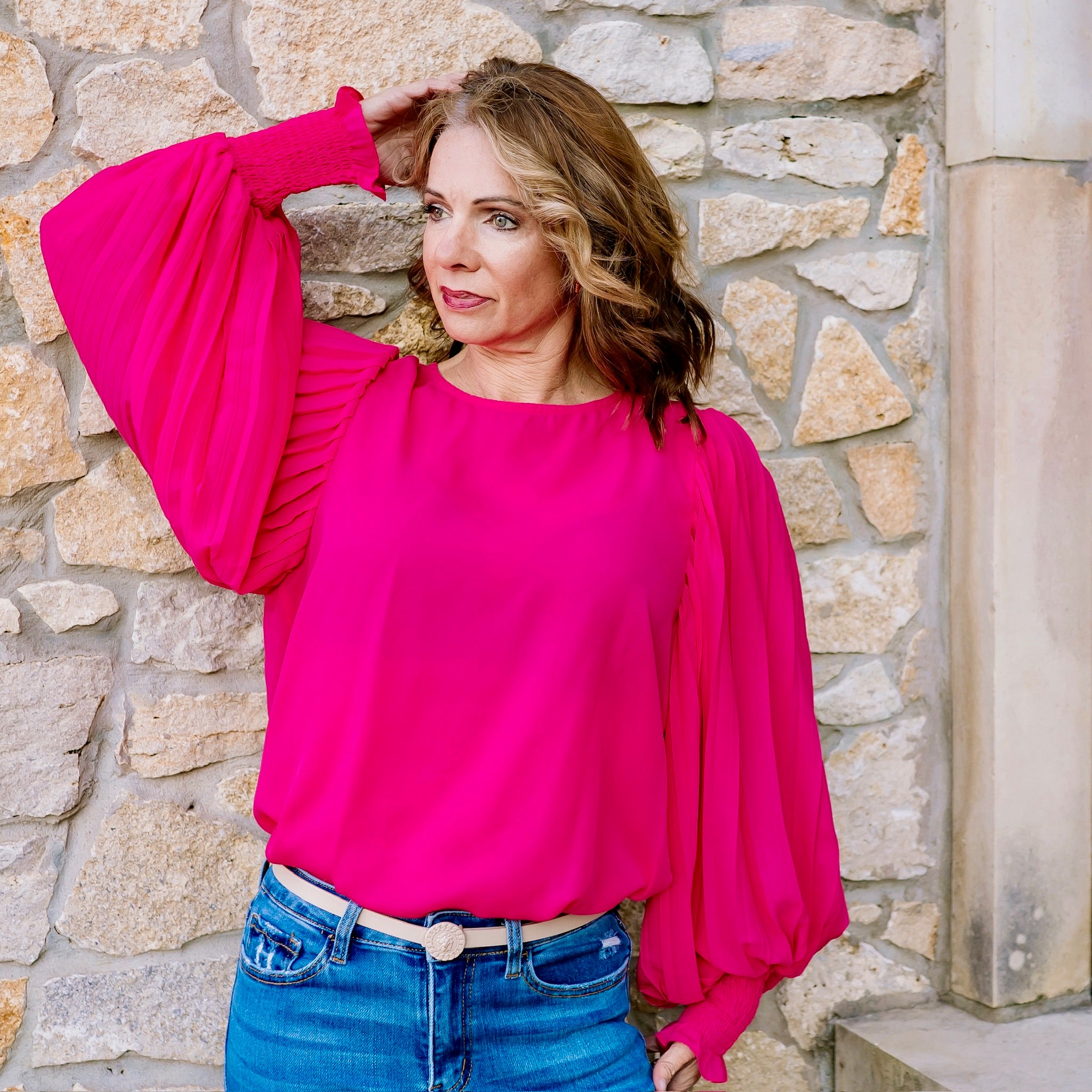 pleated sleeve blouse, business casual, business chic, business professional, work outfit, work top, long sleeve blouse, pleated blouse, pleated sleeve, staple piece, staple work top, red top, red blouse, pink top, pink blouse, lavender top, lavender blouse